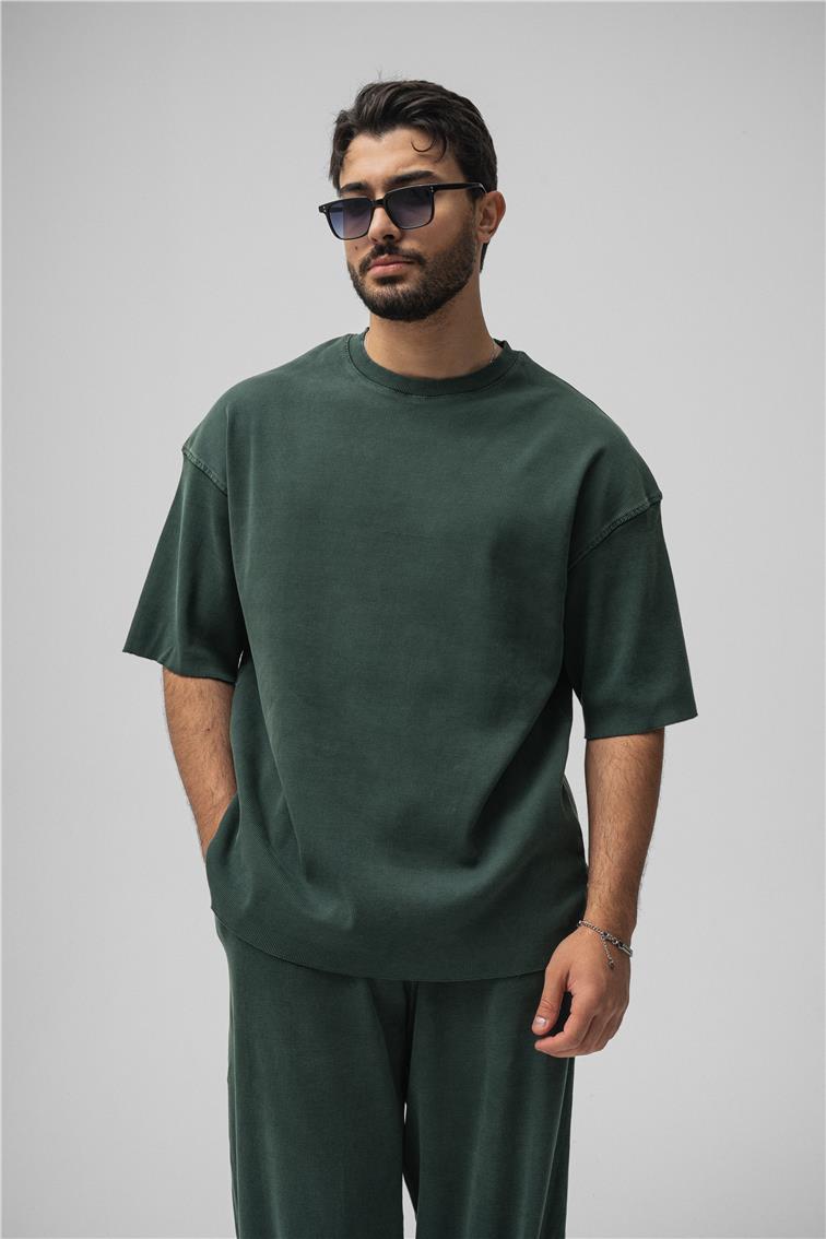 Yıkamalı Fitilli Oversize T-Shirt Yıkamalı Yeşil