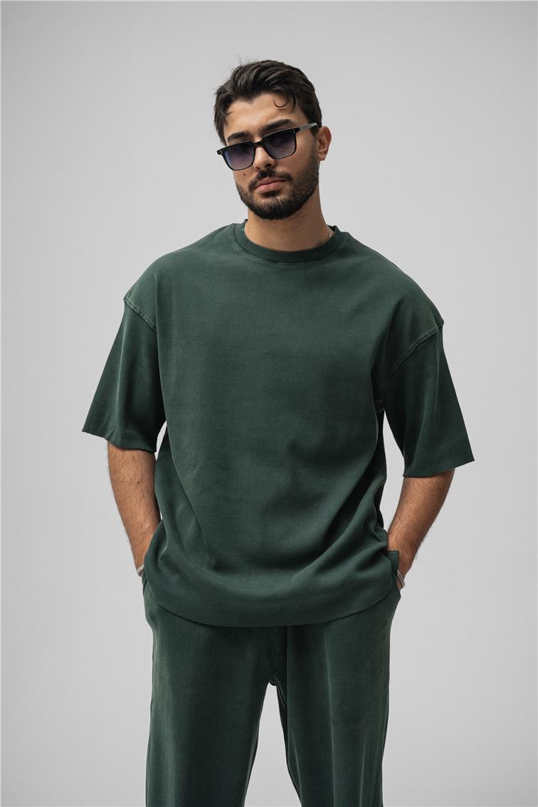 Yıkamalı Fitilli Oversize T-Shirt Yıkamalı Yeşil