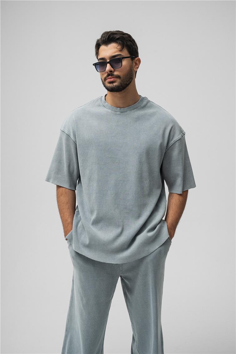 Yıkamalı Fitilli Oversize T-Shirt Yıkamalı Gri