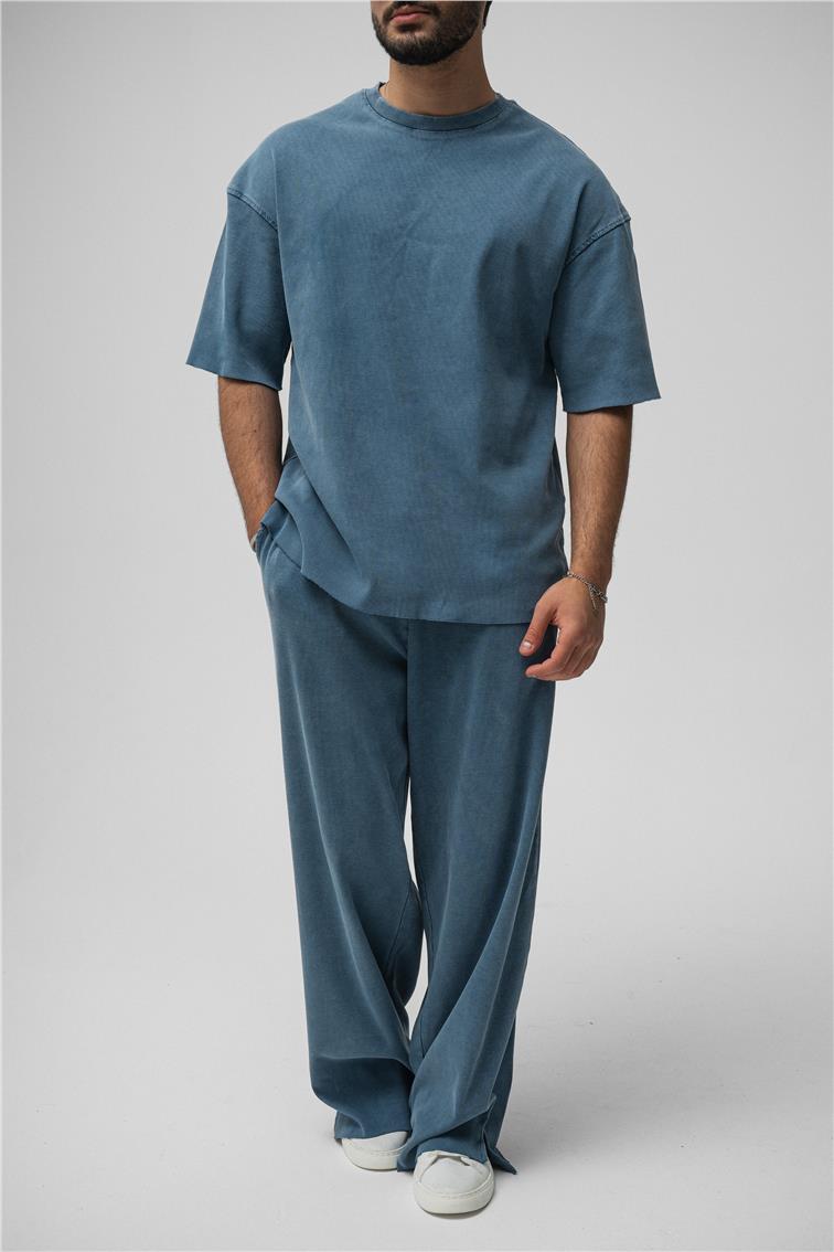 Yıkamalı Fitilli Oversize T-Shirt Yıkamalı İndigo