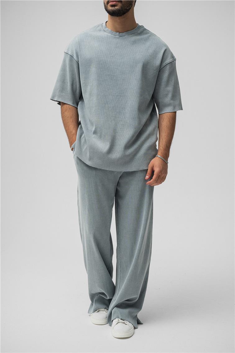 Yıkamalı Fitilli Oversize T-Shirt Yıkamalı Gri