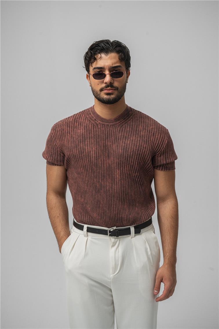 Yıkamalı Loose Fit Ribbed T-Shirt Yıkamalı Kırmızı