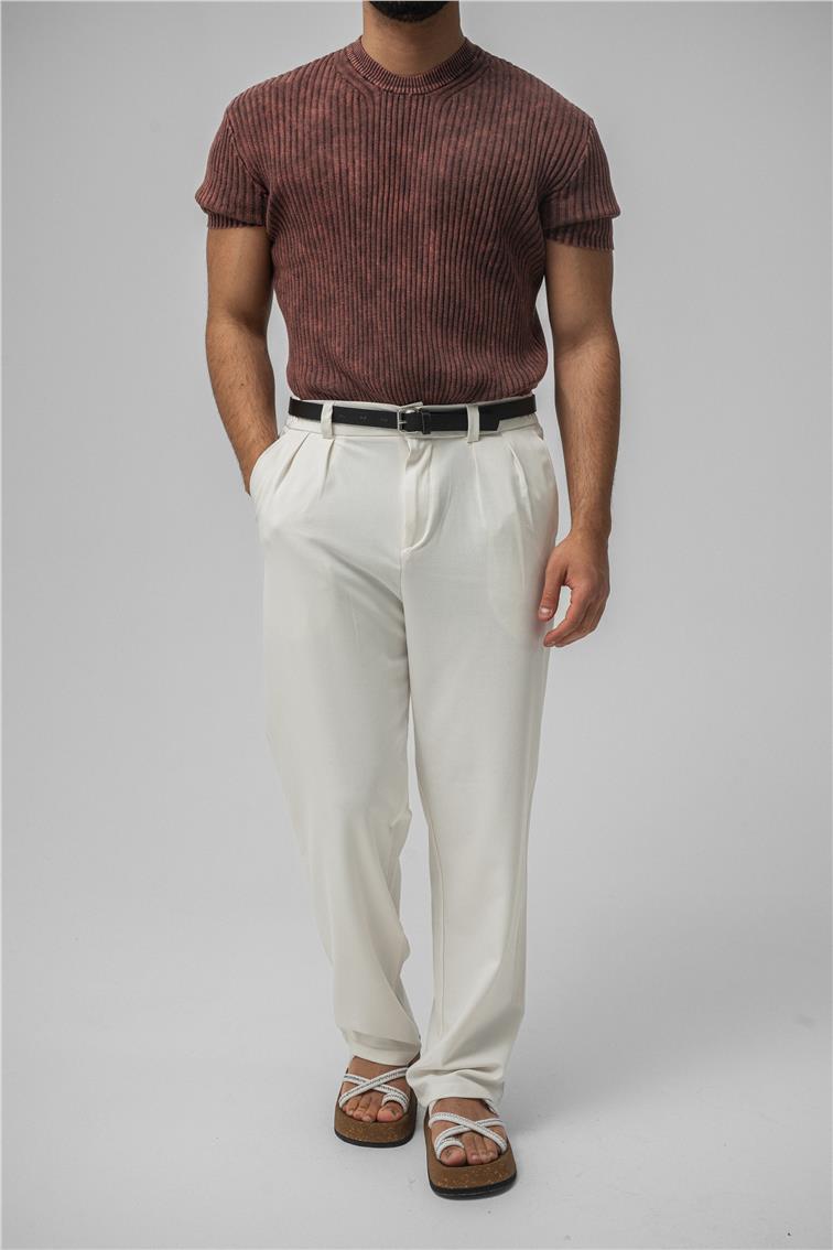 Yıkamalı Loose Fit Ribbed T-Shirt Yıkamalı Kırmızı