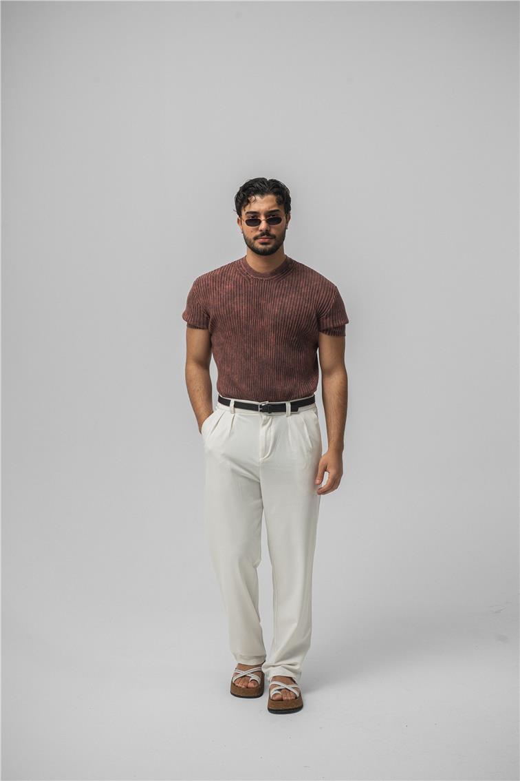 Yıkamalı Loose Fit Ribbed T-Shirt Yıkamalı Kırmızı