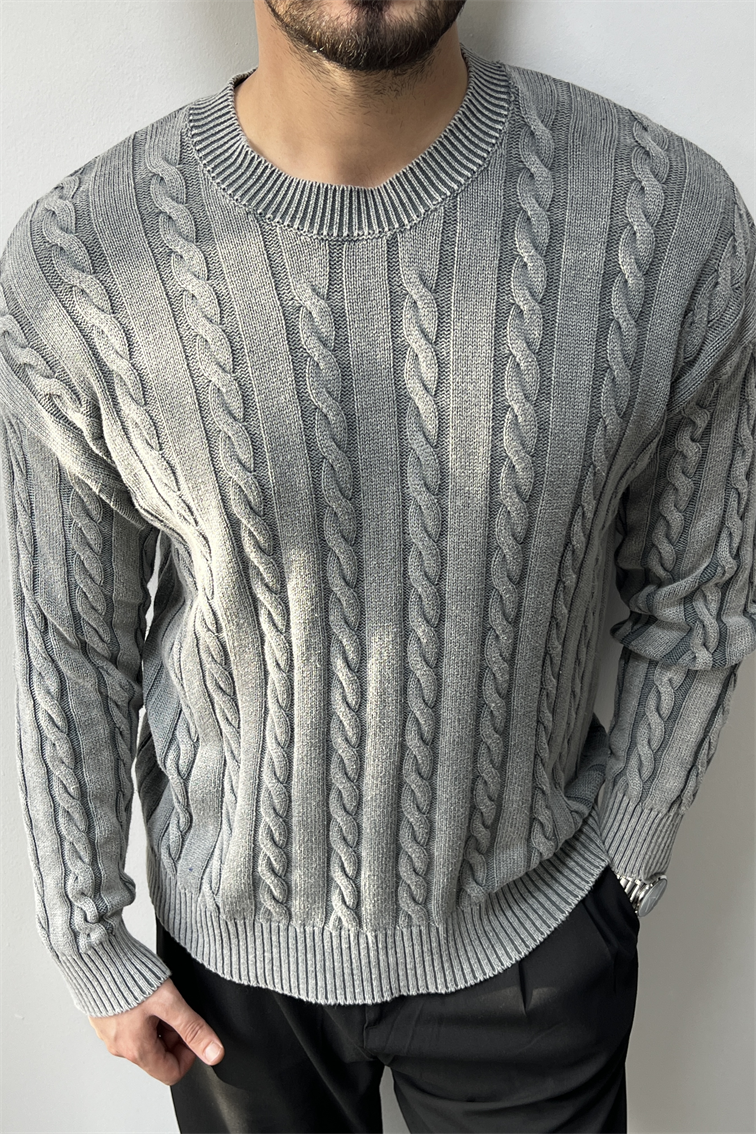 Yıkamalı İşlemeli Kazak Gri