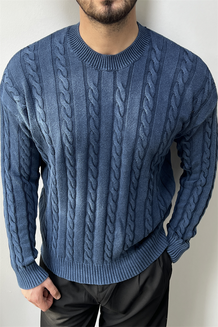 Yıkamalı İşlemeli Kazak Lacivert