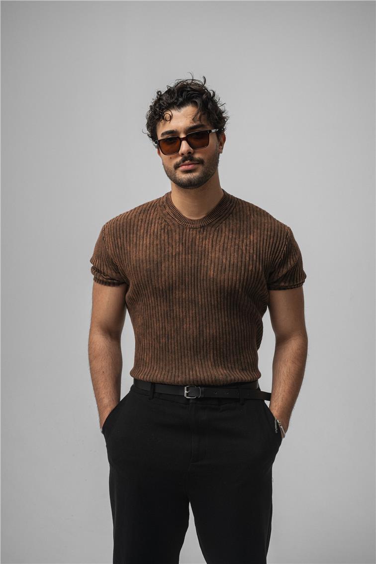 Yıkamalı İnce Şeritli T-Shirt Yıkamalı Kahve