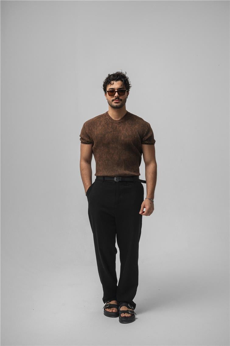 Yıkamalı İnce Şeritli T-Shirt Yıkamalı Kahve