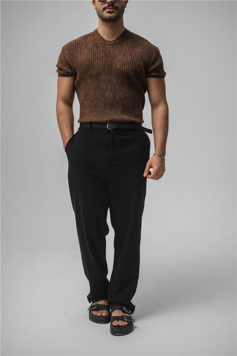 Yıkamalı İnce Şeritli T-Shirt Yıkamalı Kahve