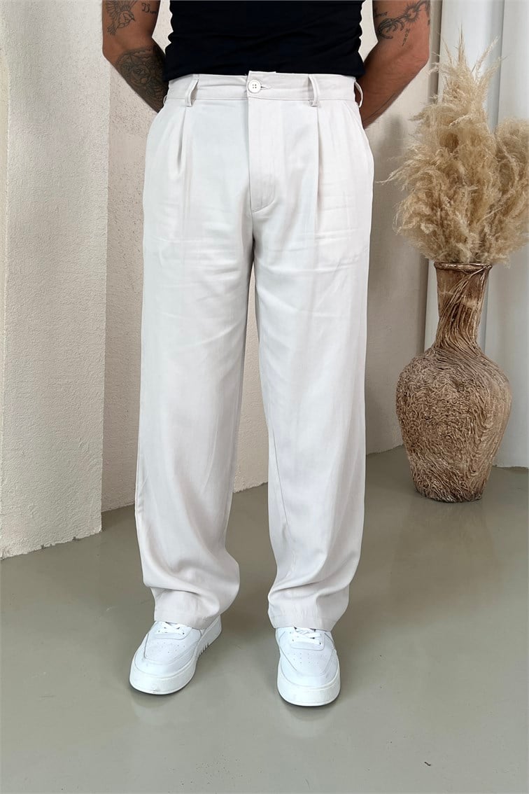 Yıkamalı Modal Baggy Pantolon Krem