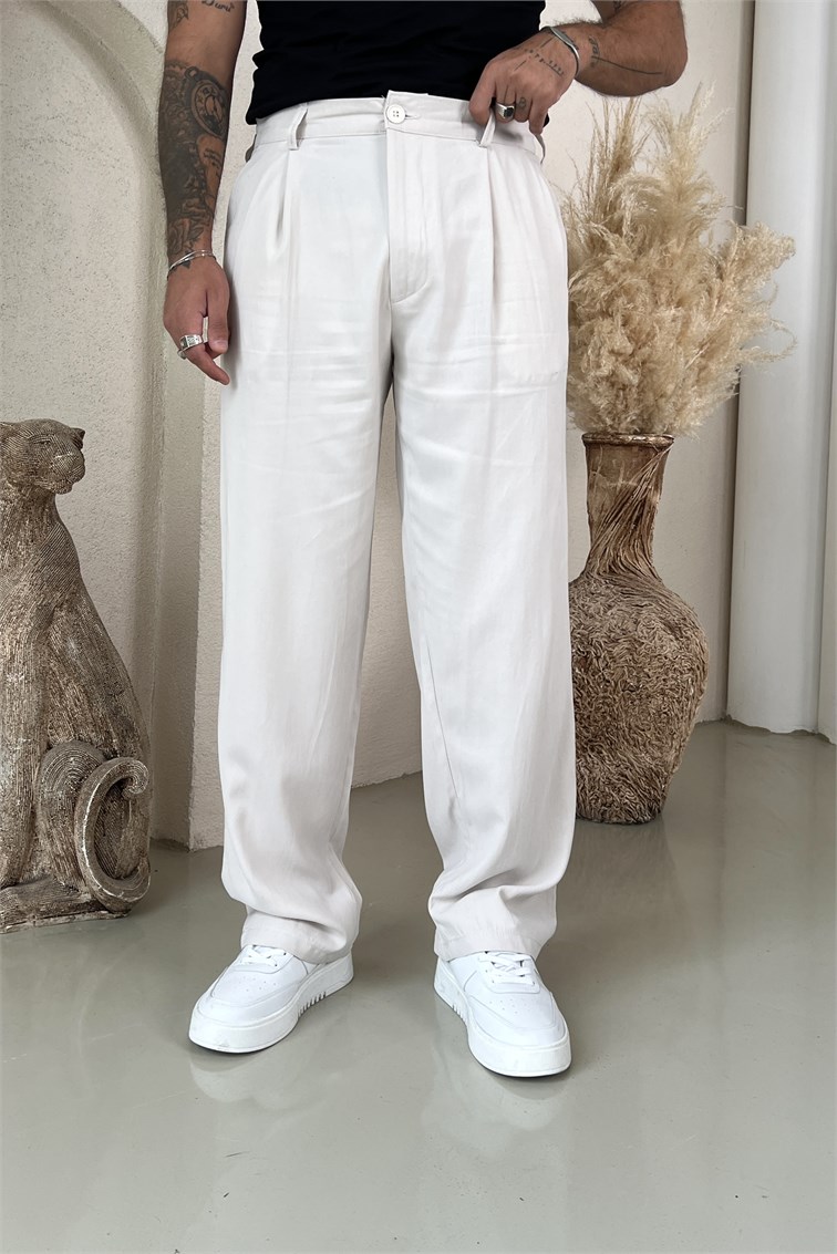 Yıkamalı Modal Baggy Pantolon Krem