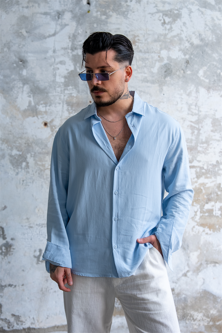Yıkamalı Modal Oversize Gömlek Bebe Mavisi