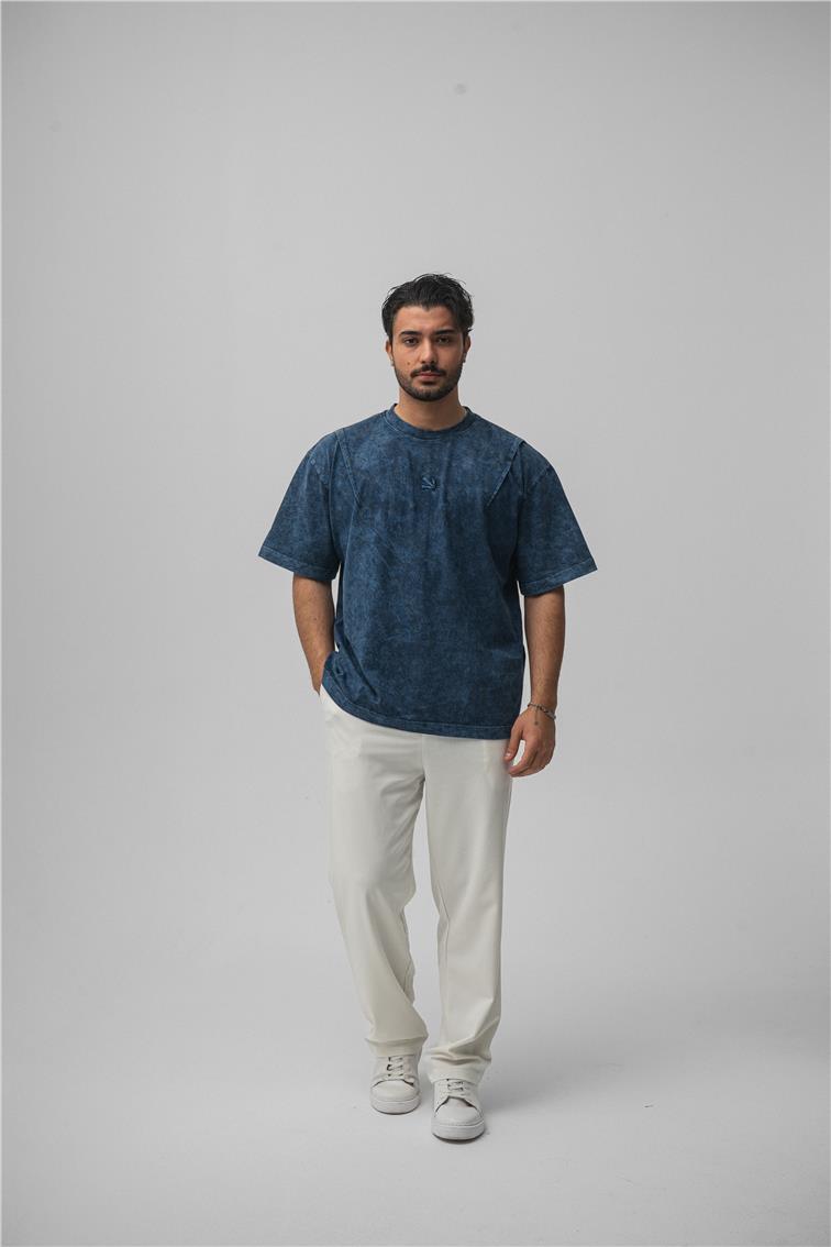 Yıkamalı Oversize T-Shirt Yıkamalı Mavi