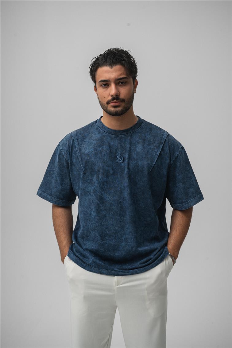 Yıkamalı Oversize T-Shirt Yıkamalı Mavi