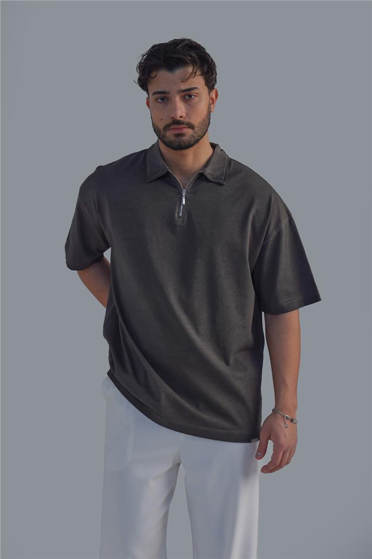 Yıkamalı Polo Yaka T-Shirt Yıkamalı Haki