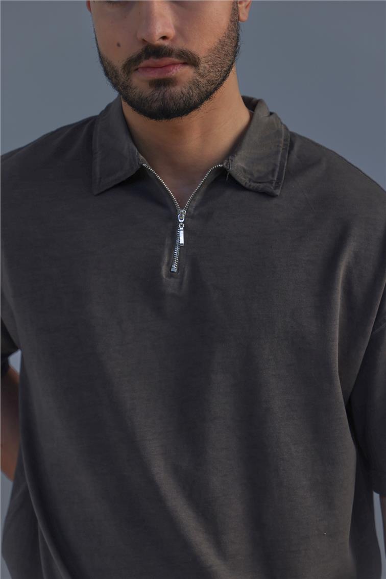 Yıkamalı Polo Yaka T-Shirt Yıkamalı Haki