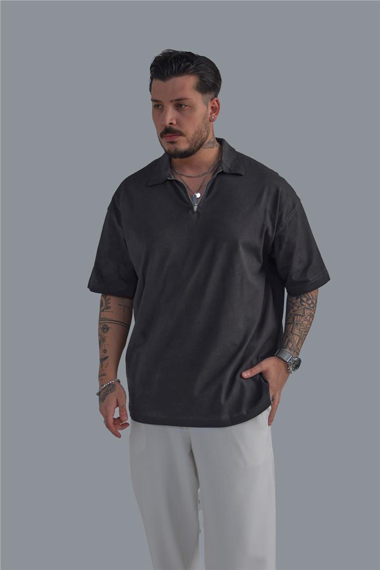 Yıkamalı Polo Yaka T-Shirt Yıkamalı Siyah