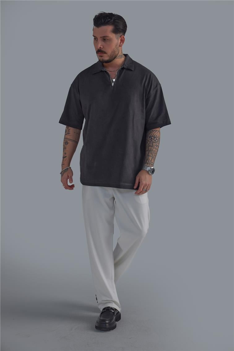 Yıkamalı Polo Yaka T-Shirt Yıkamalı Siyah