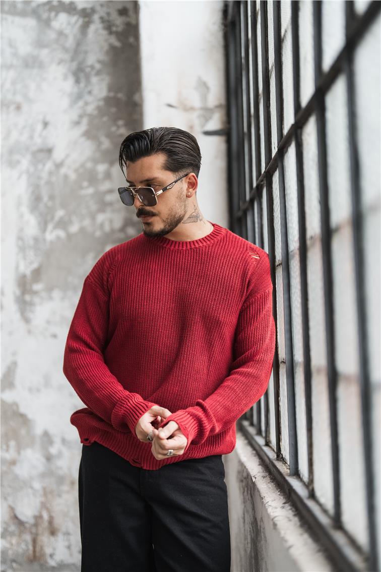 Yıkamalı Street Oversize Kazak Yıkamalı Kırmızı