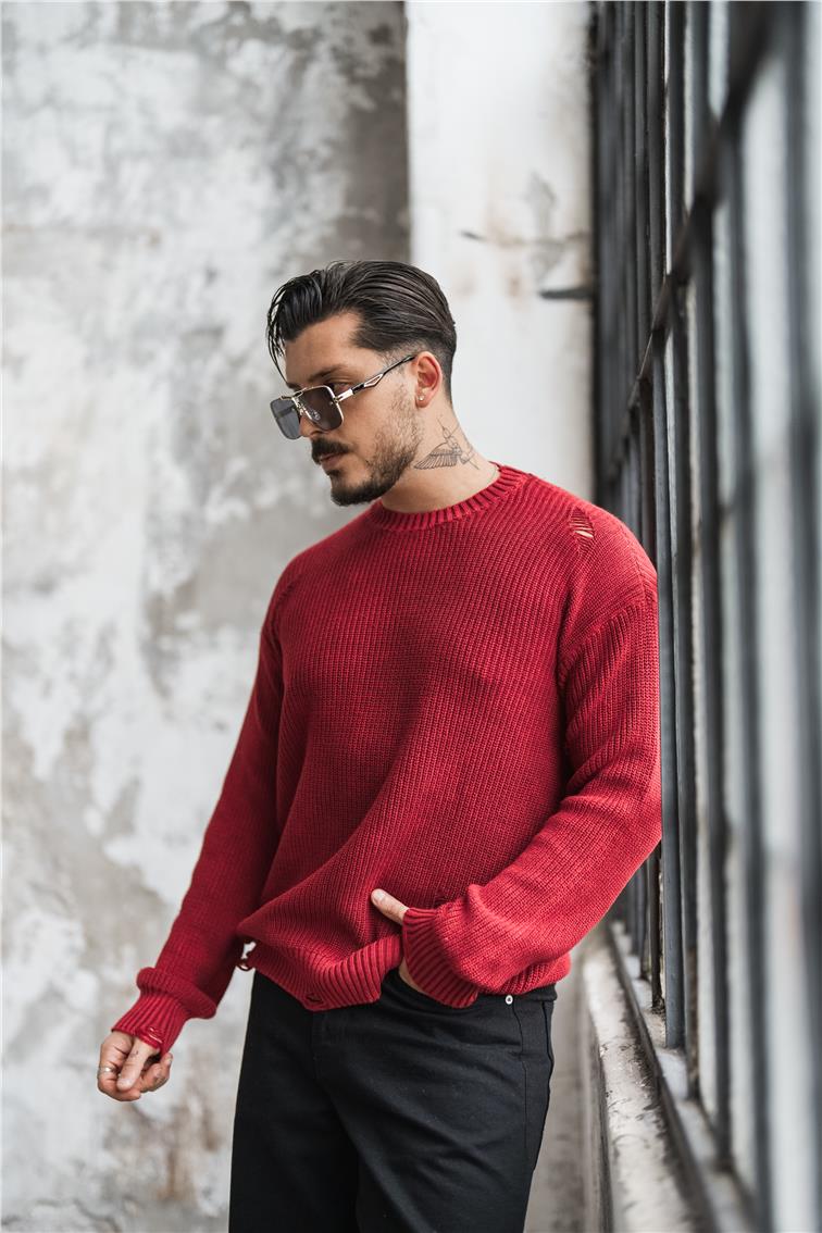 Yıkamalı Street Oversize Kazak Yıkamalı Kırmızı