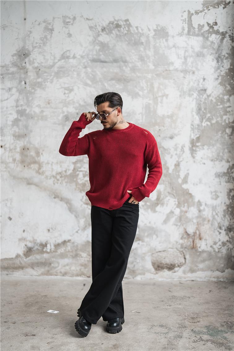 Yıkamalı Street Oversize Kazak Yıkamalı Kırmızı