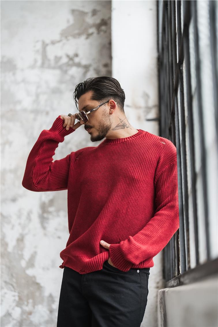 Yıkamalı Street Oversize Kazak Yıkamalı Kırmızı