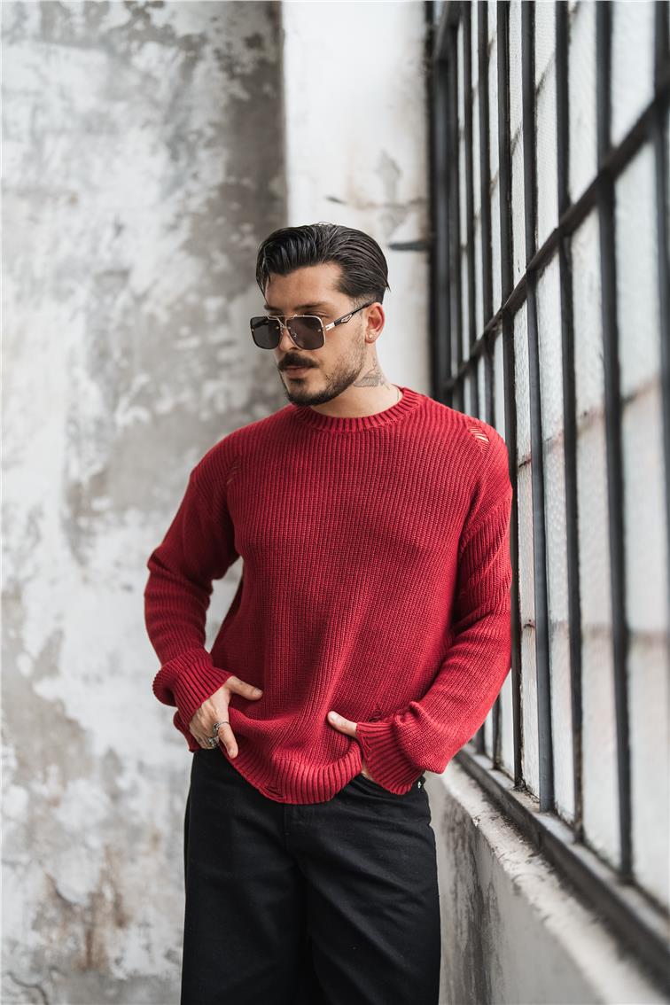 Yıkamalı Street Oversize Kazak Yıkamalı Kırmızı