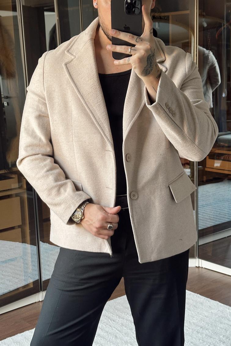 Yün Karışımı Slimfit Basic Ceket Krem
