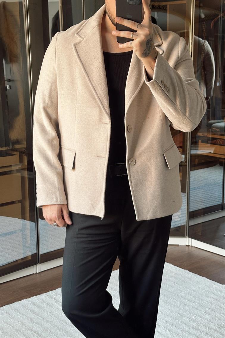 Yün Karışımı Slimfit Basic Ceket Krem
