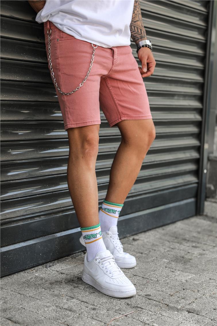 Zincir Detaylı Jean Şort Pudra