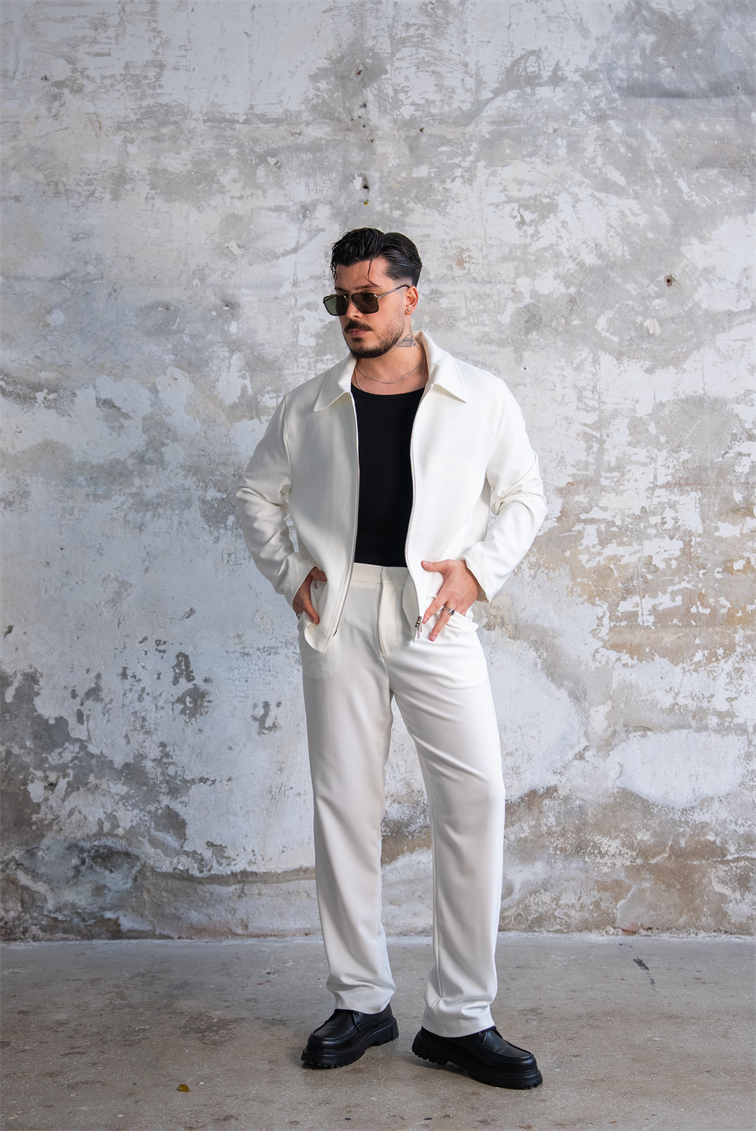 ZR Design Fermuarlı Rahat Kesim Takım Beyaz