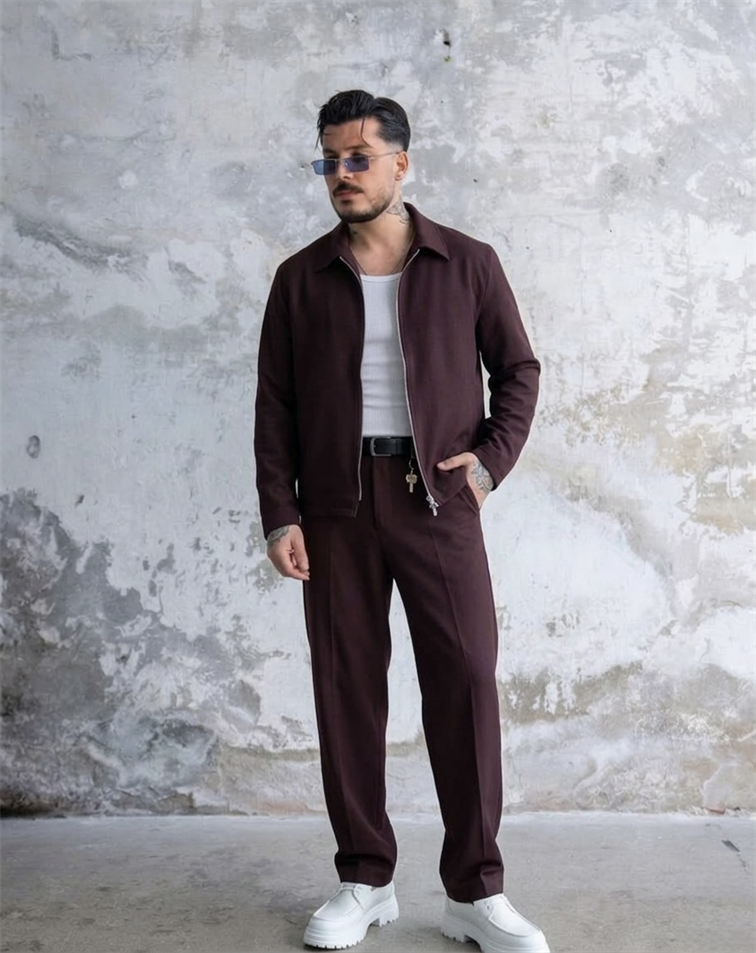 ZR Design Fermuarlı Rahat Kesim Takım Mürdüm
