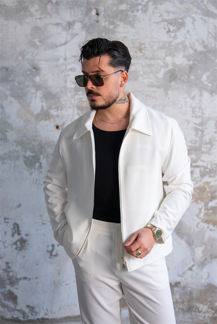 ZR Design Fermuarlı Rahat Kesim Takım Beyaz