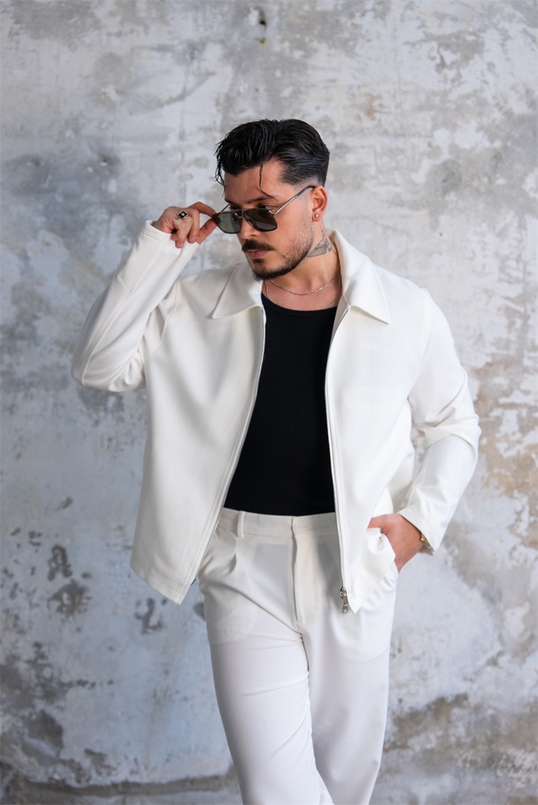 ZR Design Fermuarlı Rahat Kesim Takım Beyaz
