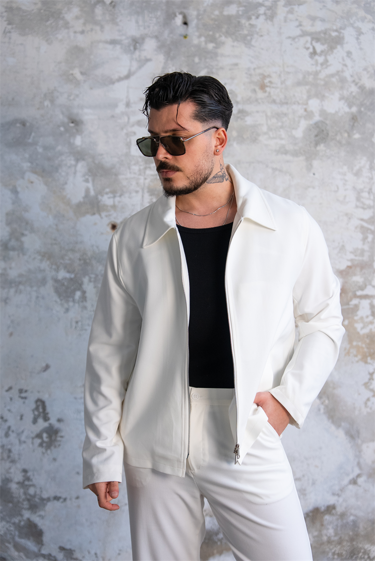 ZR Design Fermuarlı Rahat Kesim Takım Beyaz