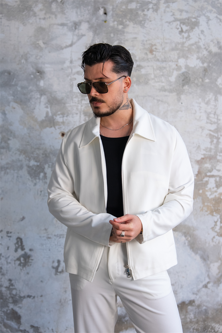 ZR Design Fermuarlı Rahat Kesim Takım Beyaz
