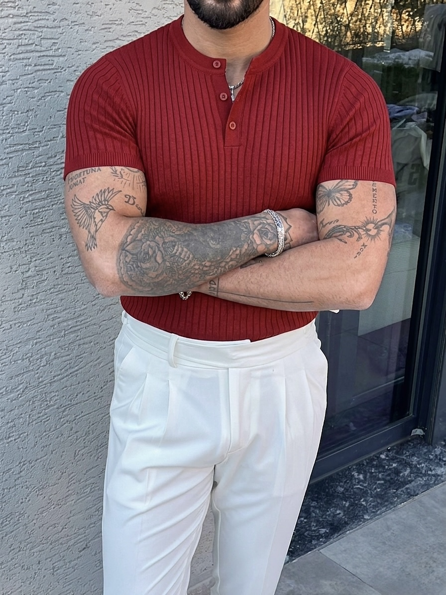 %100 Cotton Dik Çizgili Hakim Yaka Relaxed Triko Tshirt Bordo