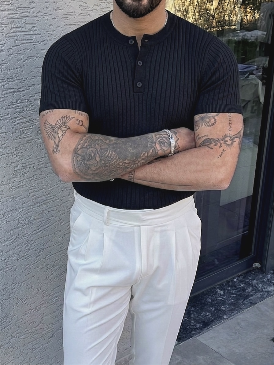 %100 Cotton Dik Çizgili Hakim Yaka Relaxed Triko Tshirt Siyah