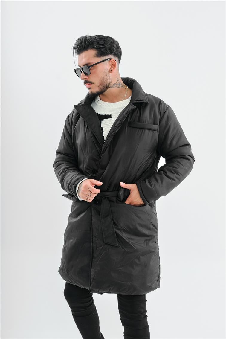 3 Cepli Kemerli Oversize  Şişme Trençkot Siyah