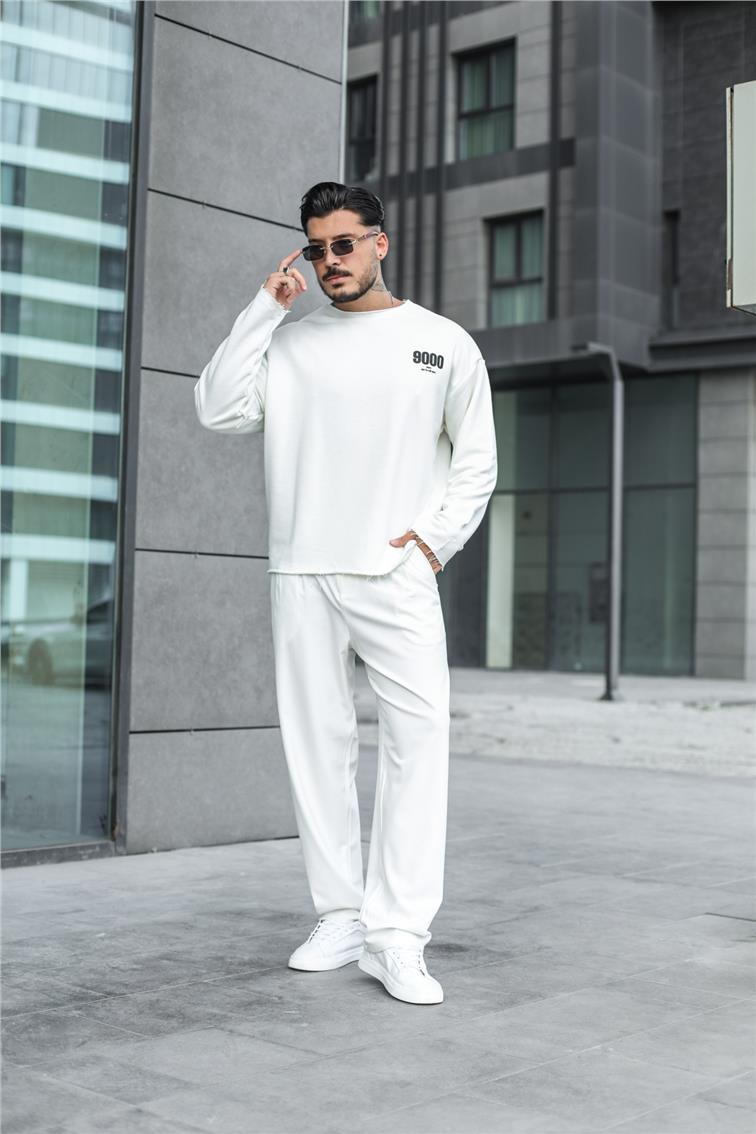9000 Baskılı Oversize Kazak Beyaz