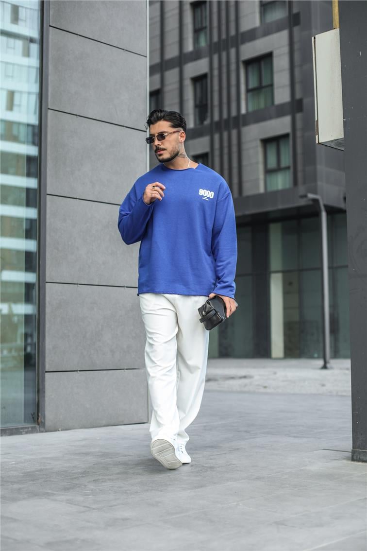 9000 Baskılı Oversize Kazak Koyu Mavi
