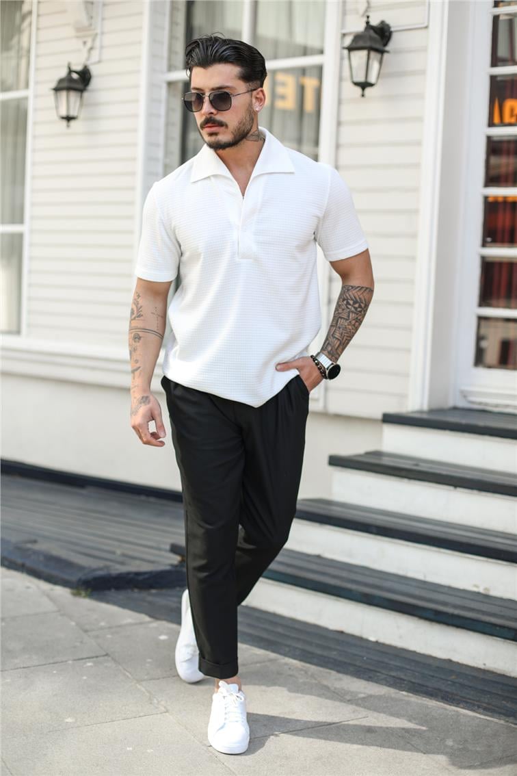Açık Yaka Detaylı Regular Fıt T-Shirt Beyaz