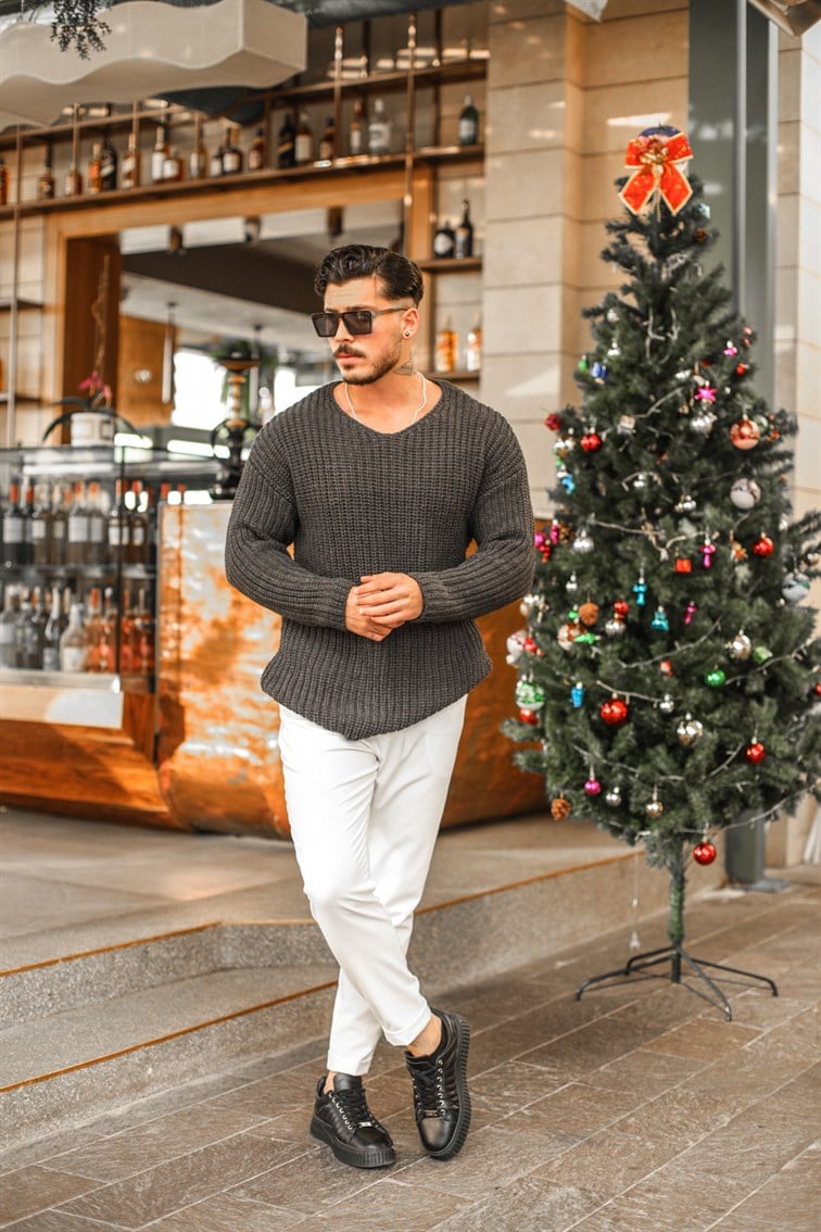 Açık Yaka Geniş Örme Oversize Kazak