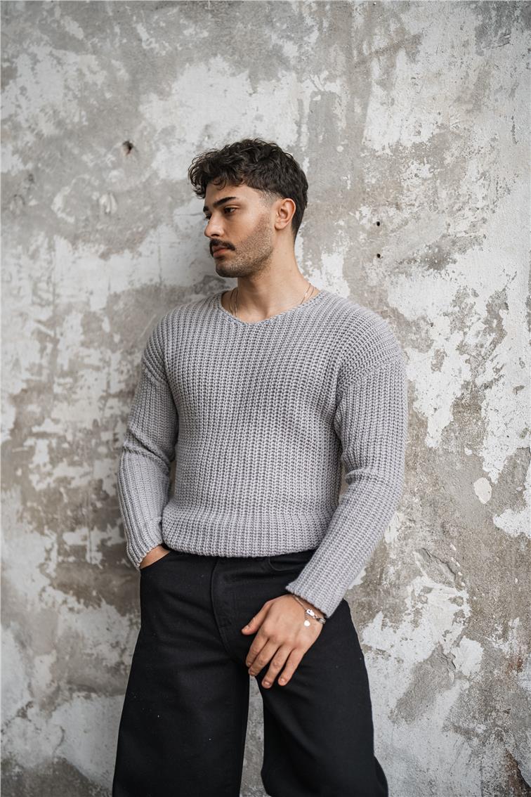 Açık Yaka Geniş Örme Oversize Kazak Gri