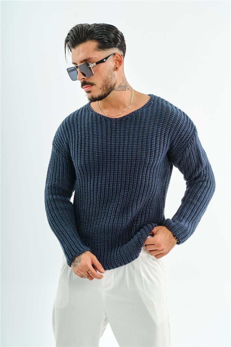 Açık Yaka Geniş Örme Oversize Kazak Lacivert