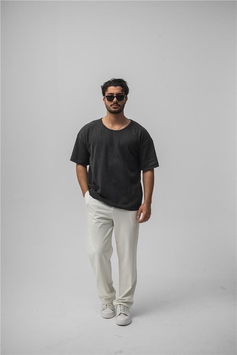 Açık Yaka Oversize T-Shirt Antrasit