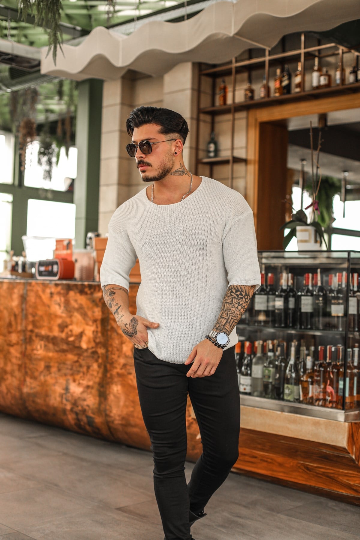 Açık Yaka Oversize Triko Tshirt Beyaz