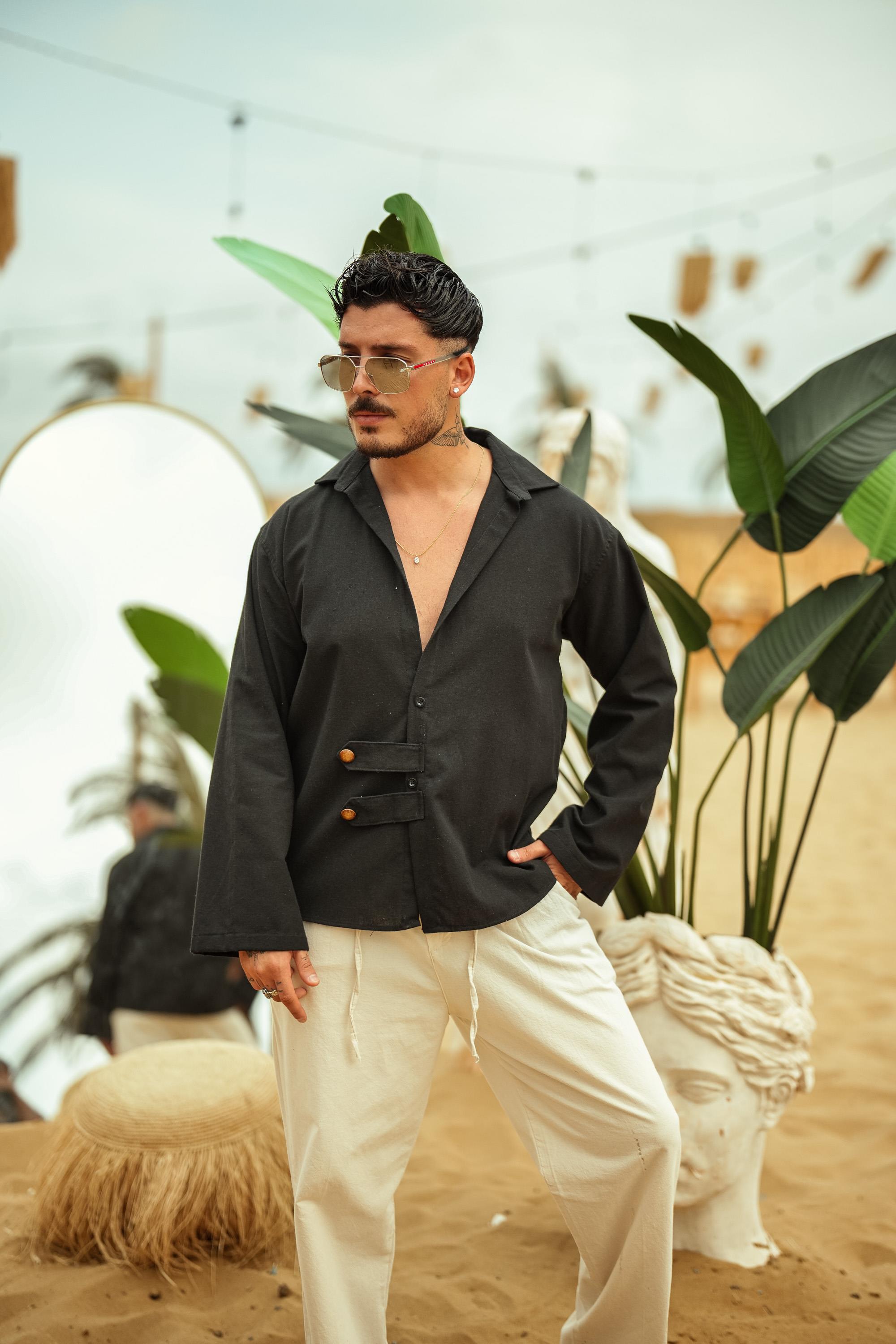Ahşap Toka Detaylı Oversize Gömlek Siyah