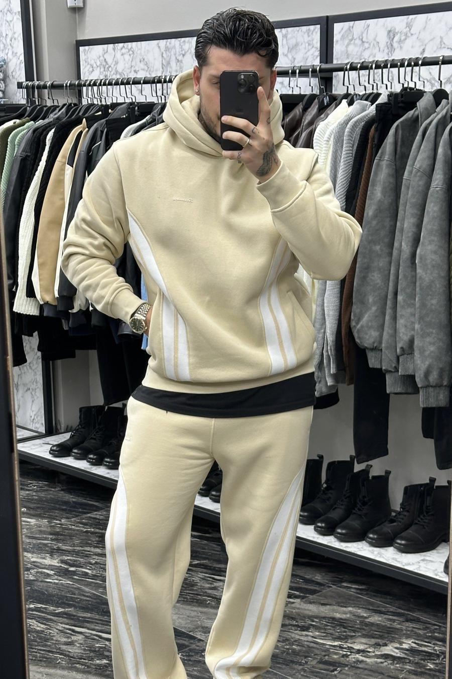 Akış Çizgili Kapşonlu Şardonlu Takım Krem