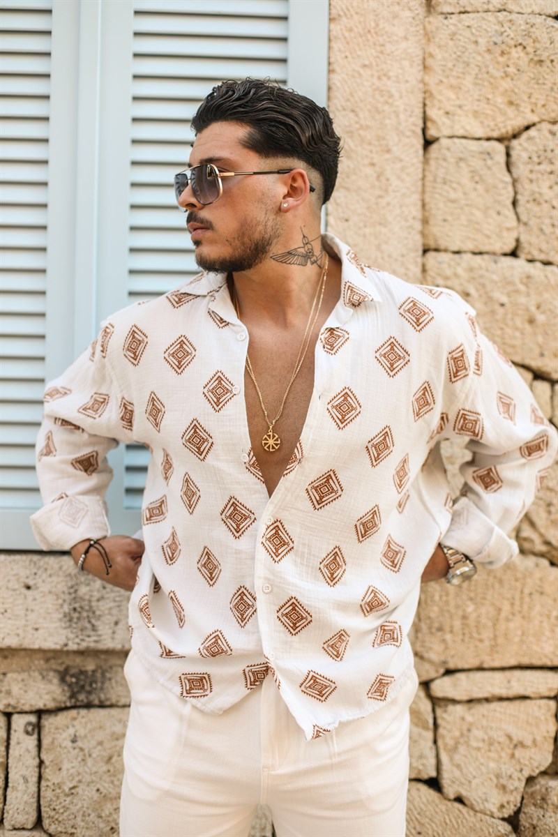 Apaç Yaka Desenli  Oversize Gömlek